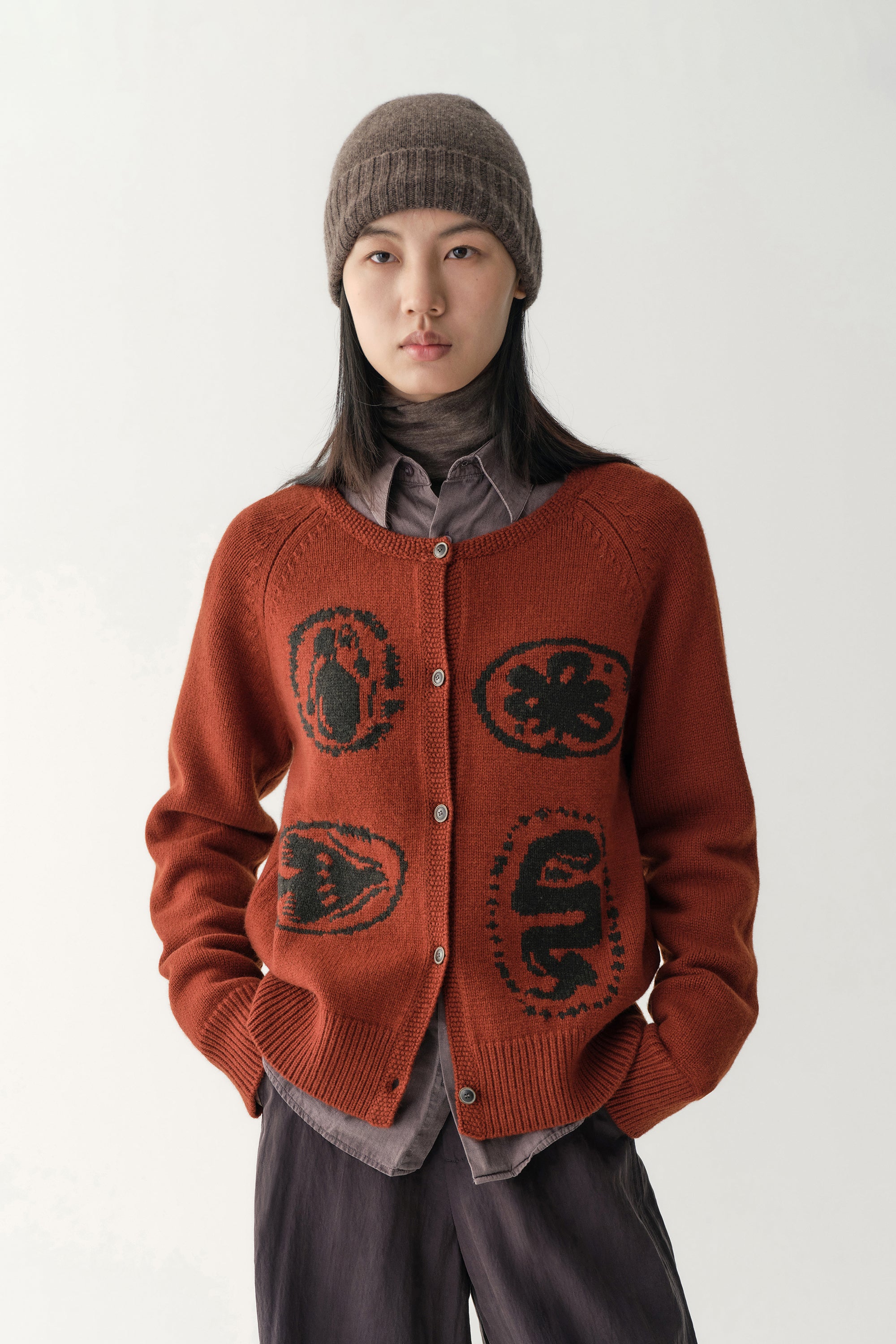 Crewneck Wool Intarsia Cardigan