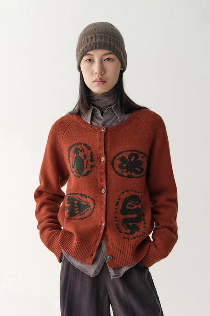 Crewneck Wool Intarsia Cardigan